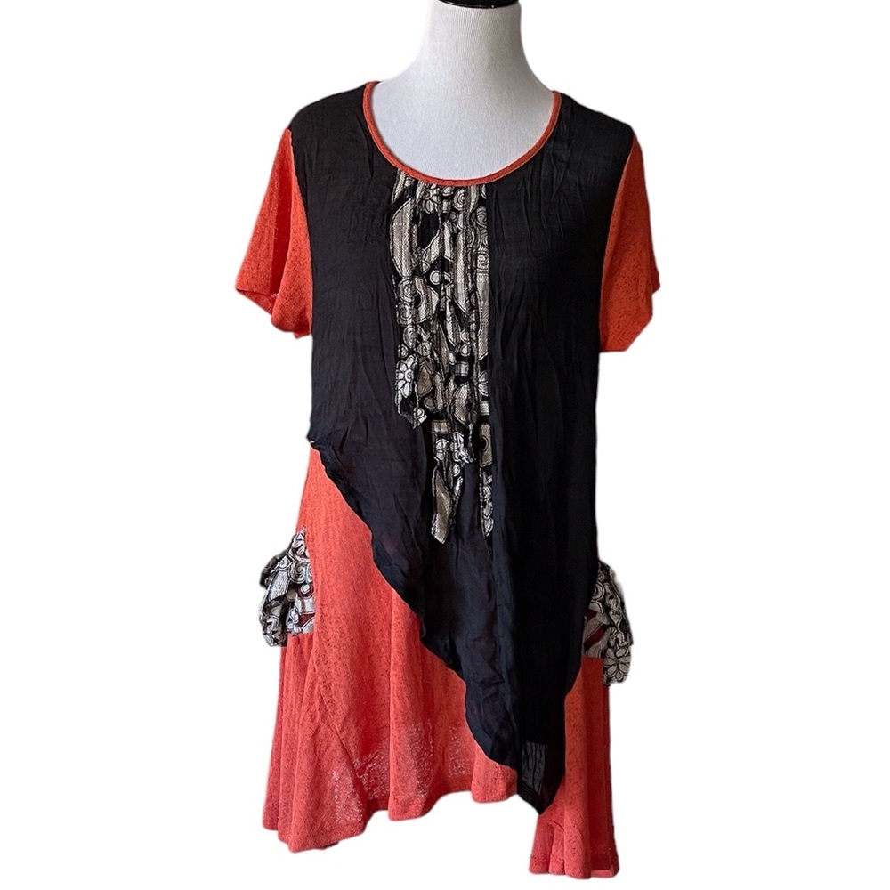 Lagenlook mixed media tunic blouse black burnt orange artsy art to wear Size XL